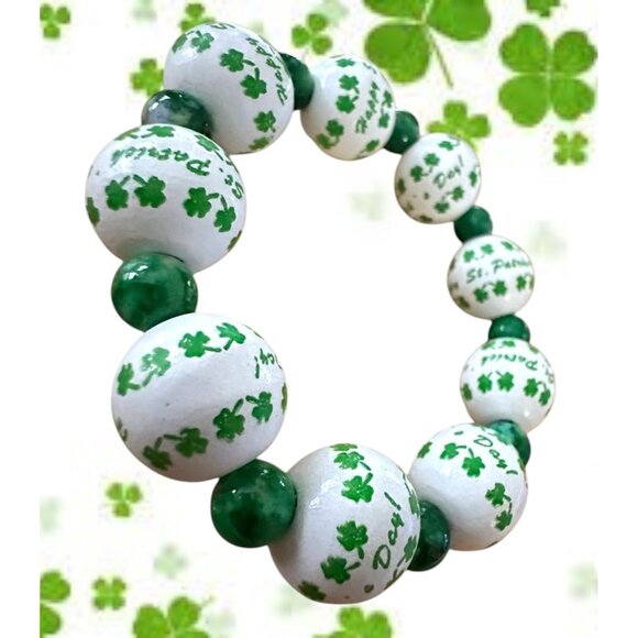 Happy St Patricks Day Shamrock Wood Beaded Stretch Bracelet Marbled Acce… - Picture 2 of 12